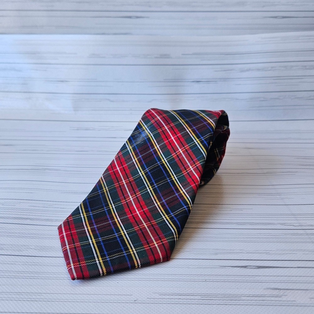 Lands End Necktie Mens OS Multi Color Plaid 100% Silk Hand Sewn USA Made